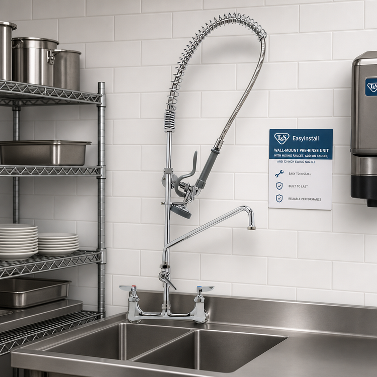 Product image #2 for T&S EasyInstall Wall-Mount Pre-Rinse Unit with Mixing Faucet, Add-On Faucet, and 12-Inch Swing Nozzle