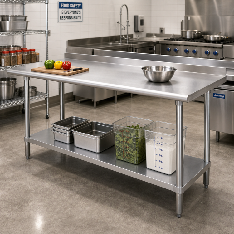 Product image #2 for Advance Tabco 144" x 24" 16-Gauge 304 Stainless Steel Work Table with 1-1/2" Rear Up-Turn and Adjustable Undershelf