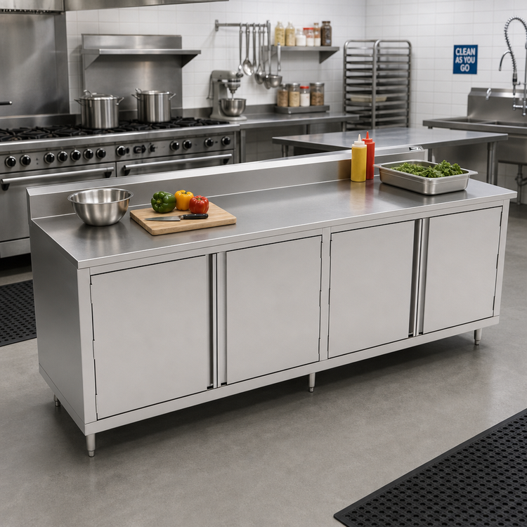 Product image #2 for Commercial Stainless Steel Enclosed Work Table with Cabinet Base, Hinged Doors, 120 x 36 Inches, 5-Inch Backsplash