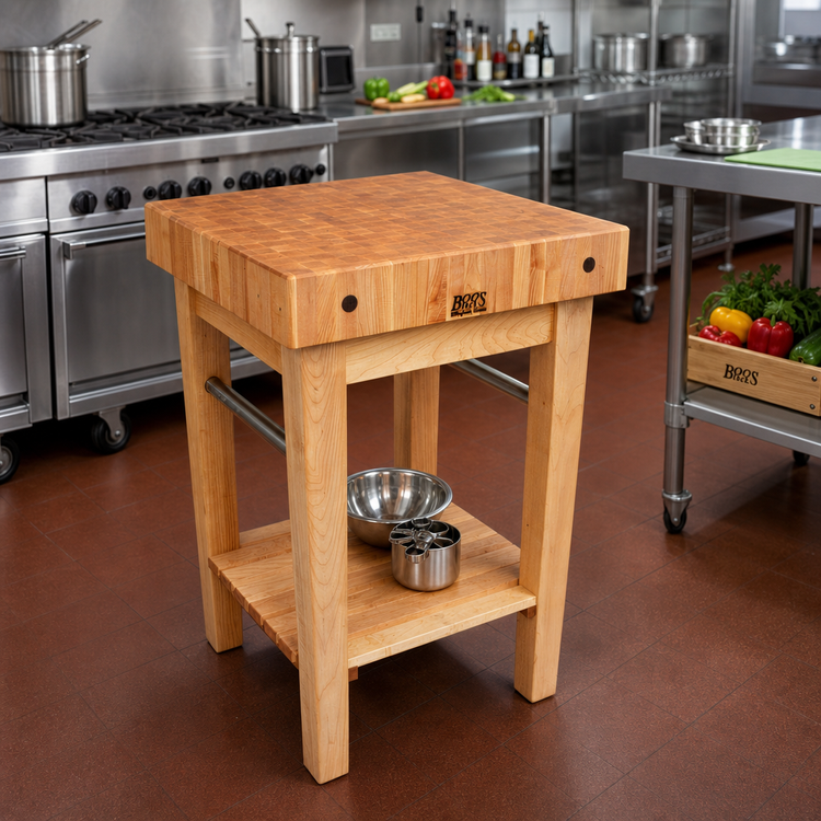 Product image #3 for John Boos Pro Prep 30" x 30" End-Grain Maple Butcher Block Work Table with Shelf and Stainless Steel Tie Bars