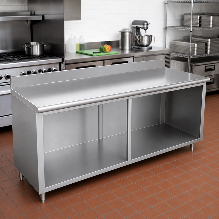 Product image #2 for Advance Tabco 144-Inch x 36-Inch Open Front Cabinet Base Work Table with 5-Inch Backsplash and 14-Gauge 304 Stainless Steel Top