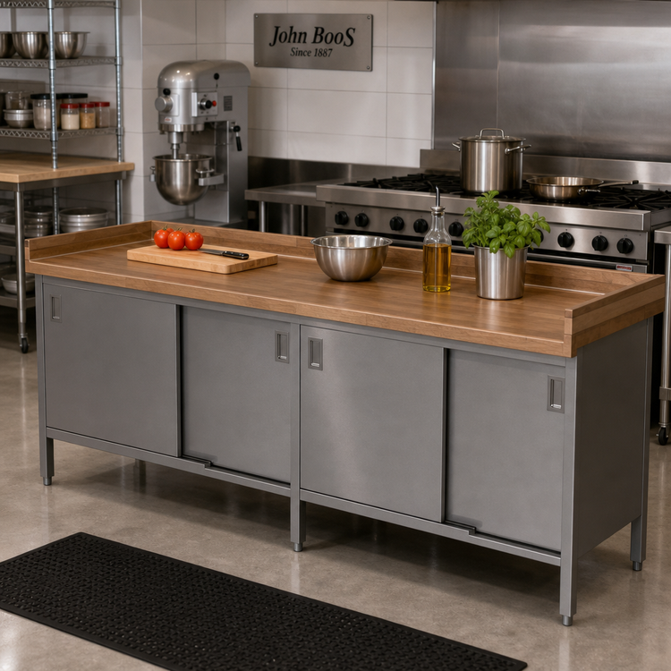 Product image #2 for John Boos Enclosed Base Wood Top Work Table with Sliding Doors, 96 x 30 Inches, 1-3/4 Inch Edge-Grain Maple Top