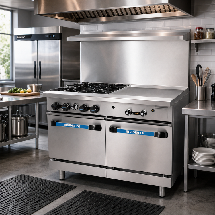 Product image #2 for Turbo Air Bake Tech Innovation 48-Inch Commercial Gas Range with 4 Open Burners, 24-Inch Right-Side Griddle and 2 Standard Ovens