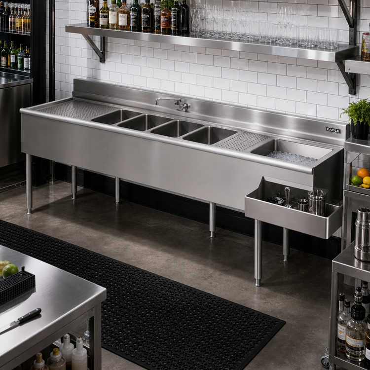 Product image #2 for Eagle 2200 Series 108-Inch Right-Hand Underbar Combination Unit with 4 Sink Bowls, Dual Drainboards, Ice Bin, and Speed Rail