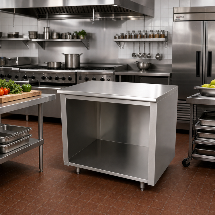 Product image #2 for Advance Tabco 48" x 24" Open Front Cabinet Base Work Table with 14-Gauge 304 Stainless Steel Top
