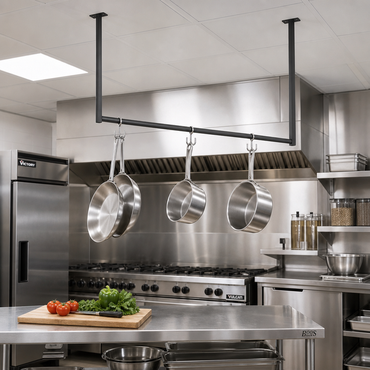 Product image #2 for John Boos Ceiling-Mounted Single-Bar Stainless Steel Pot Rack with 3 Double Hooks