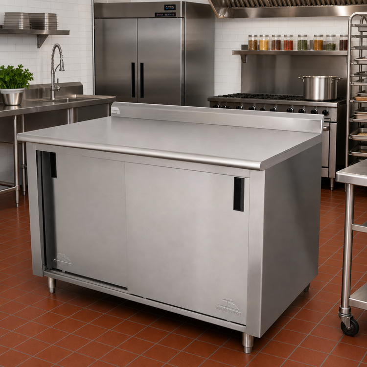 Product image #2 for Advance Tabco Enclosed Commercial Work Table with Cabinet Base, Mid-Shelf and Sliding Doors, 84" W x 36" D