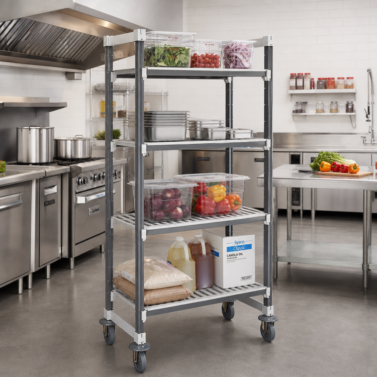 Product image #2 for Cambro Camshelving Elements XTRA 21" x 42" x 70-1/4" High Density Mobile Starter Unit with 4 Vented Shelves, Speckled Gray