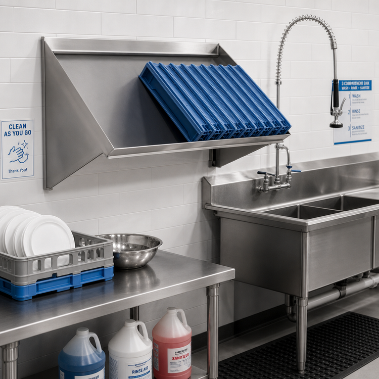 Product image #2 for Eagle Group Wall-Mounted Solid Slanted Dishtable Rack Shelf, 21 x 21 Inch, Left Drip Tube, 304 Stainless Steel