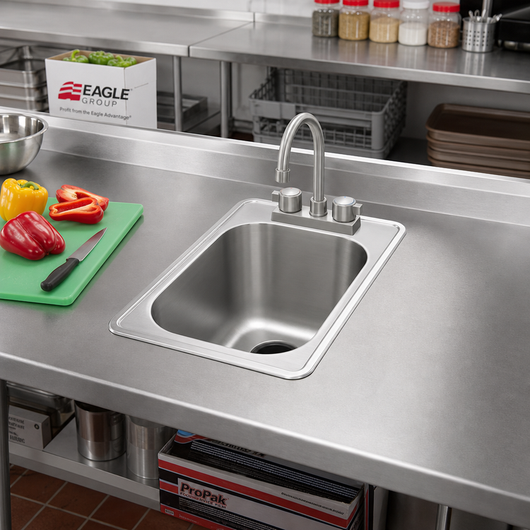 Product image #2 for Eagle Group Self-Rimming Drop-In Stainless Steel Sink with Single-Compartment 12 x 14 x 9.5-Inch Bowl, Gooseneck Faucet and Basket Drain Included