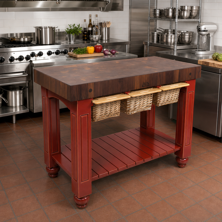 Product image #3 for John Boos American Heritage Gathering Block III 48 Inch x 24 Inch x 36 Inch End Grain American Black Walnut Butcher Block Work Table with Wicker Baskets