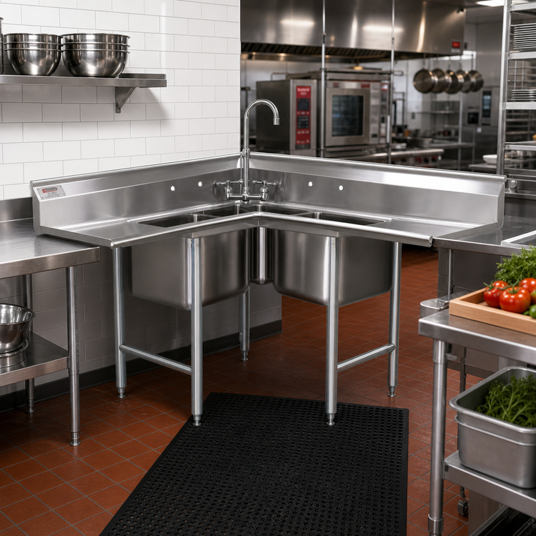 Product image #2 for 314 Series Corner 3-Compartment 16-Gauge 304 Stainless Steel Sink with Dual 18-Inch Drainboards