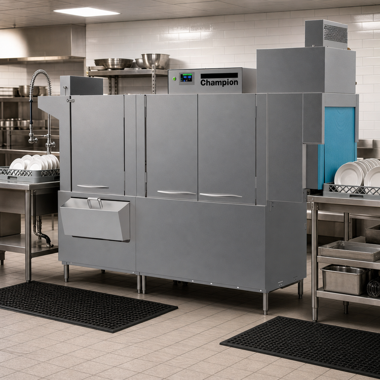 Product image #2 for Champion E-Series DualRinse 90 PRO-HD-HR High-Temperature Rack Conveyor Dishwasher with 54-Inch Single Tank and 36-Inch Prewash