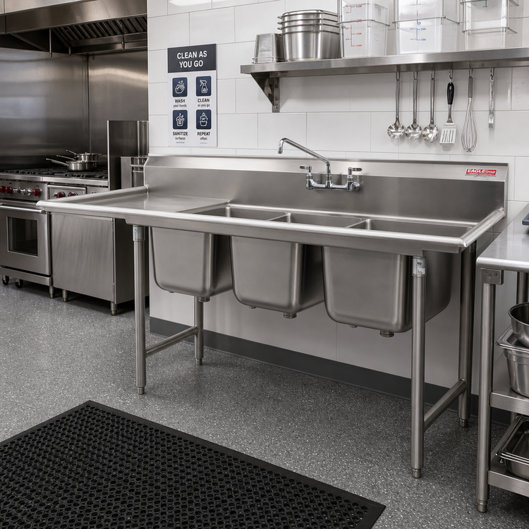Product image #2 for Eagle 414 Series Coved Corner Three-Compartment Sink with 24-Inch Left Drainboard