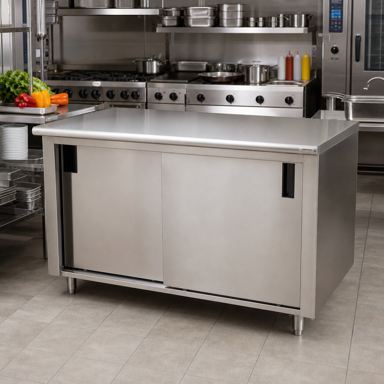 Product image #2 for Advance Tabco Special Value Economy Enclosed Work Table with Sliding Doors, 72 x 30, 16-Gauge 304 Stainless Steel Top