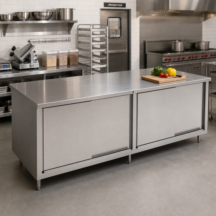 Product image #2 for John Boos 144-Inch x 30-Inch Enclosed Work Table with Cabinet Base and Sliding Doors, 14-Gauge Stainless Steel Top