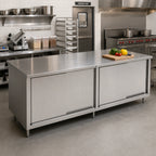 Thumbnail image #2 for John Boos 4CS4-30144 144-Inch x 30-Inch Enclosed Stainless Steel Work Table with Cabinet Base, Sliding Doors, and 14-Gauge 300 Series Top