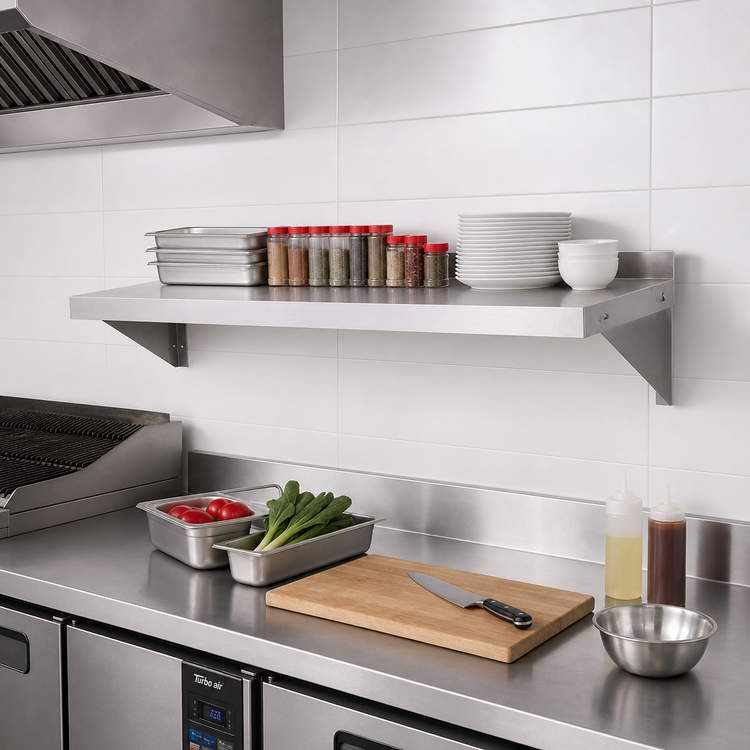 Product image #2 for Turbo Air TSWS-1260 Wall-Mounted 304 Stainless Steel Shelf with 2-Inch Rear Up-Turn, 60 x 12 Inches