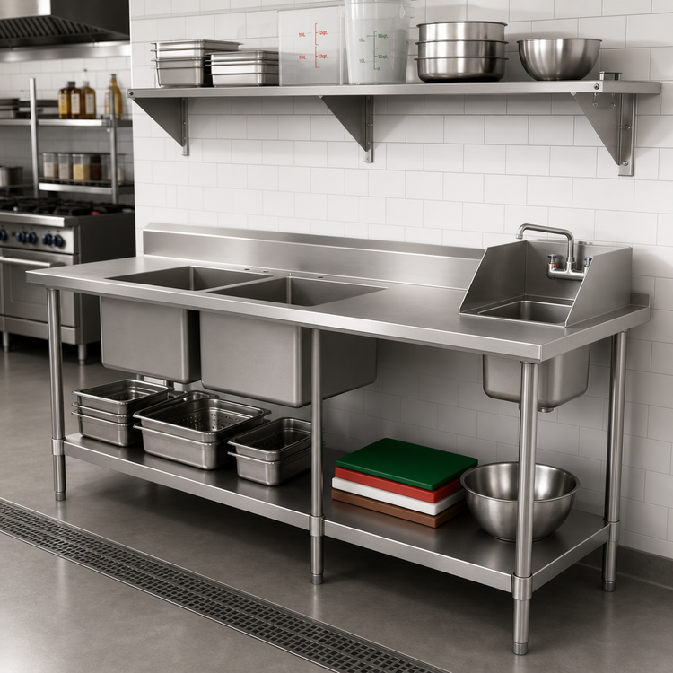 Product image #2 for BK Resources 84 Inch x 30 Inch 16-Gauge 304 Stainless Steel Sink Table with Two 16 x 20 Prep Bowls and Handsink, Left-Side Layout