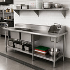 Thumbnail image #2 for BK Resources BKPT-2-3084S-L 84" x 30" 16-Gauge 304 Stainless Steel Sink Table, Two Prep Bowls and Handsink, Left-Side, Open Base