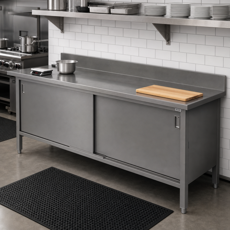 Product image #2 for John Boos Enclosed Work Table with Hinged Door Cabinet Base, 132 x 24 Inches, 14 Gauge 300 Series Stainless Steel Top, 5 Inch Backsplash