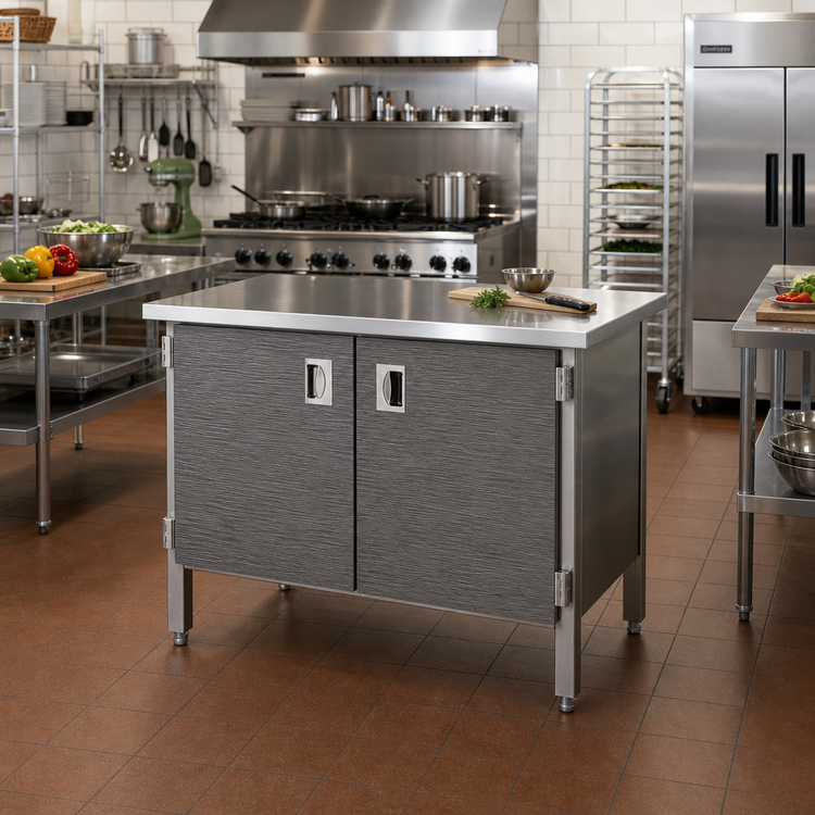 Product image #2 for John Boos Enclosed Base Work Table with Hinged Doors, 60 x 30 Inches, 16-Gauge Stainless Steel Flat Top