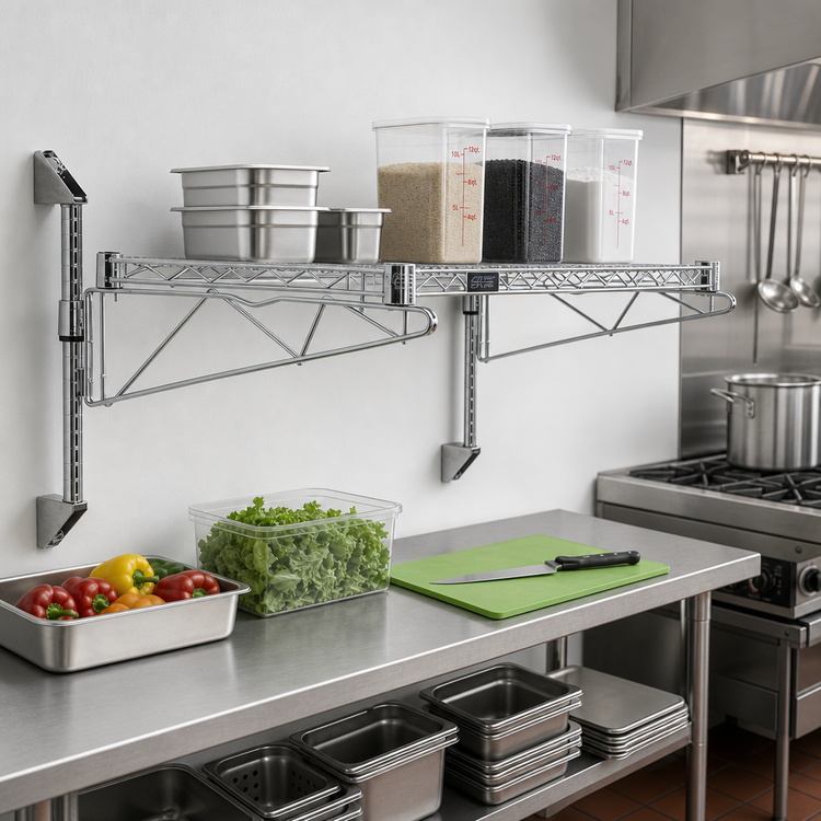 Product image #2 for Quantum WC14-CB2148C Cantilever Single Shelf Post Wall Mount Wire Shelving Unit, 48 x 21 Inches, Chrome Plated