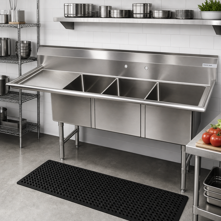 Product image #2 for Klinger's Trading Economy Three-Compartment Stainless Steel Sink with Left Drainboard, 78-Inch Wide