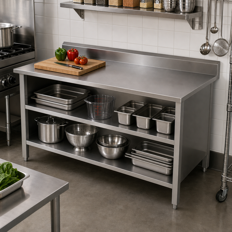 Product image #2 for John Boos 60-Inch x 30-Inch 16-Gauge Stainless Steel Open Front Cabinet Base Work Table with 5-Inch Rear Riser and Undershelf