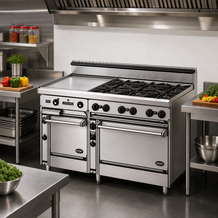 Product image #2 for Bistro 60-Inch Commercial Gas Restaurant Range with 10 Open Burners, 24-Inch Space Saver Oven and 36-Inch Standard Oven