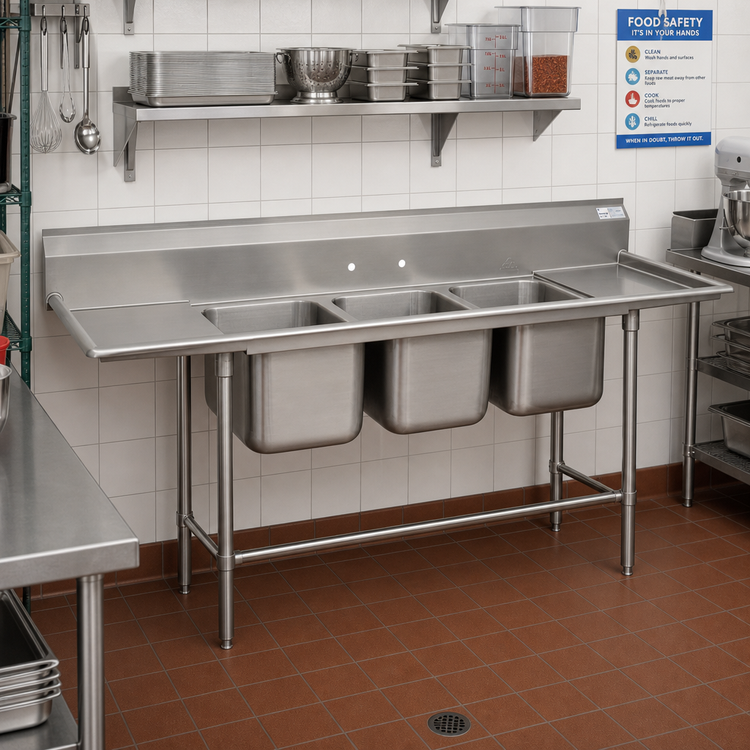 Product image #2 for Advance Tabco Regaline 3-Compartment Sink with Left & Right Drainboards, 16" x 20" Bowls, 14 Gauge 304 Stainless Steel