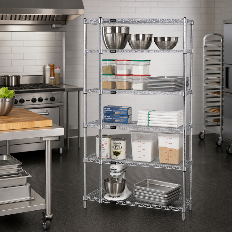 Product image #2 for Quantum Stationary Wire Shelving Starter Kit, 30 in. W x 14 in. D x 74 in. H, Chrome Plated, 5 Shelves