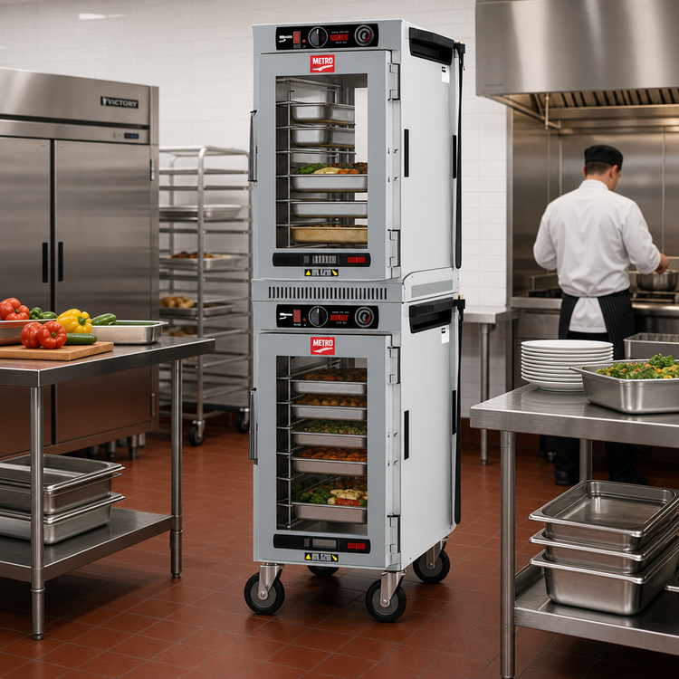Product image #3 for Metro HotBlox Narrow Dual-Cavity Pass-Thru Insulated Holding Cabinet, 16-Pan, Analog, Clear Front & Rear Doors, Mobile
