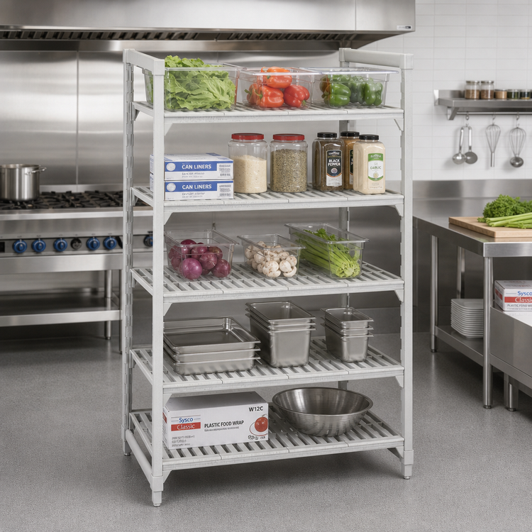 Product image #3 for Cambro Camshelving Premium 5-Tier Stationary Vented Starter Unit, 18" x 48" x 64", Speckled Gray