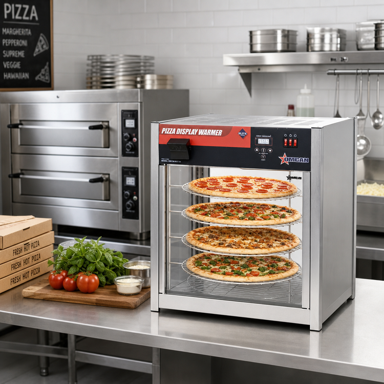 Product image #2 for Omcan Elite Series Countertop Full-Service Pizza Display Warmer with 4 Rotating Shelves, 18-Inch Capacity