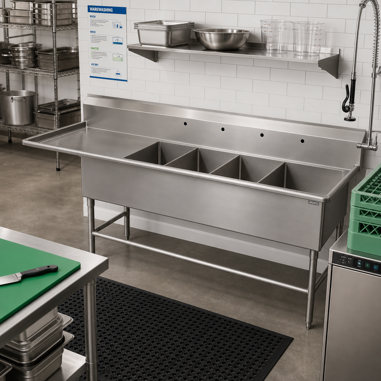Product image #2 for John Boos Pro-Bowl 4-Compartment Floor Model Sink with Left Drainboard, 86-3/16"W x 25-1/2"D, 16-Gauge Stainless Steel