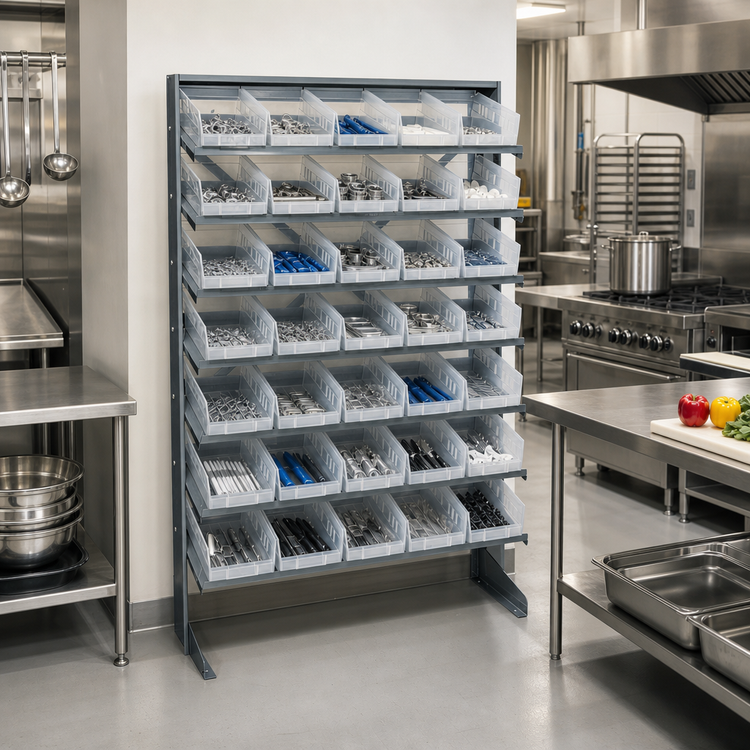Product image #2 for Quantum Sloped Single-Sided Steel Pick Rack with 8 Shelves and 40 Clear Bins, 400 lb Capacity, 12D x 36W x 60H