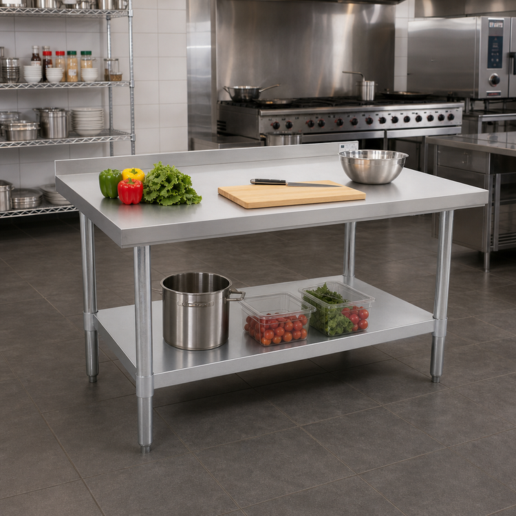 Product image #2 for Stallion Budget Stainless Steel Work Table, 60 x 30 Inches, with 1-1/2 Inch Backsplash and Undershelf