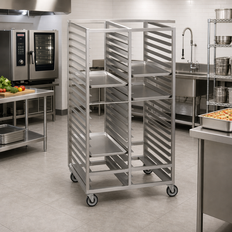 Product image #2 for Channel Manufacturing Stainless Steel Double Section Cafeteria Tray Rack with 5" Swivel Stem Casters, 45"W x 30"D x 70"H, 40-Tray Capacity