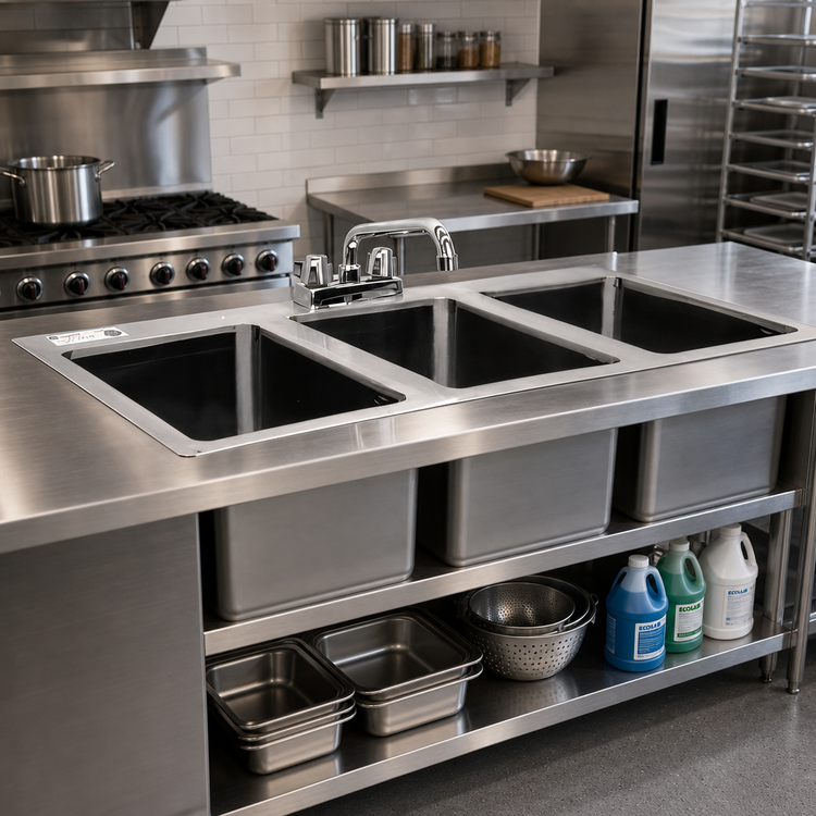 Product image #2 for Serv-Ware 55-Inch 3-Compartment Drop-In Stainless Steel Sink with Faucet and Basket Strainer
