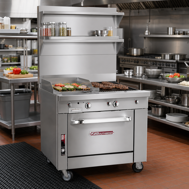 Product image #2 for Southbend Platinum 36-Inch Heavy Duty Commercial Gas Range with 24-Inch Griddle, 12-Inch Charbroiler, and Cabinet Base