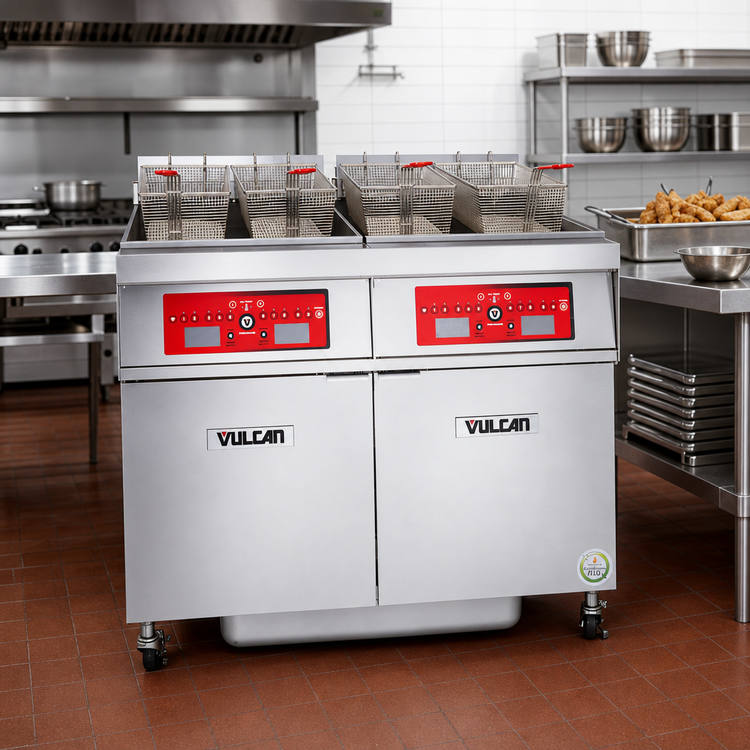 Product image #3 for Vulcan 4ER50AF 4-Vat Freestanding Electric Deep Fat Fryer with KleenScreen PLUS® Filtration, 50 lb. Per Vat