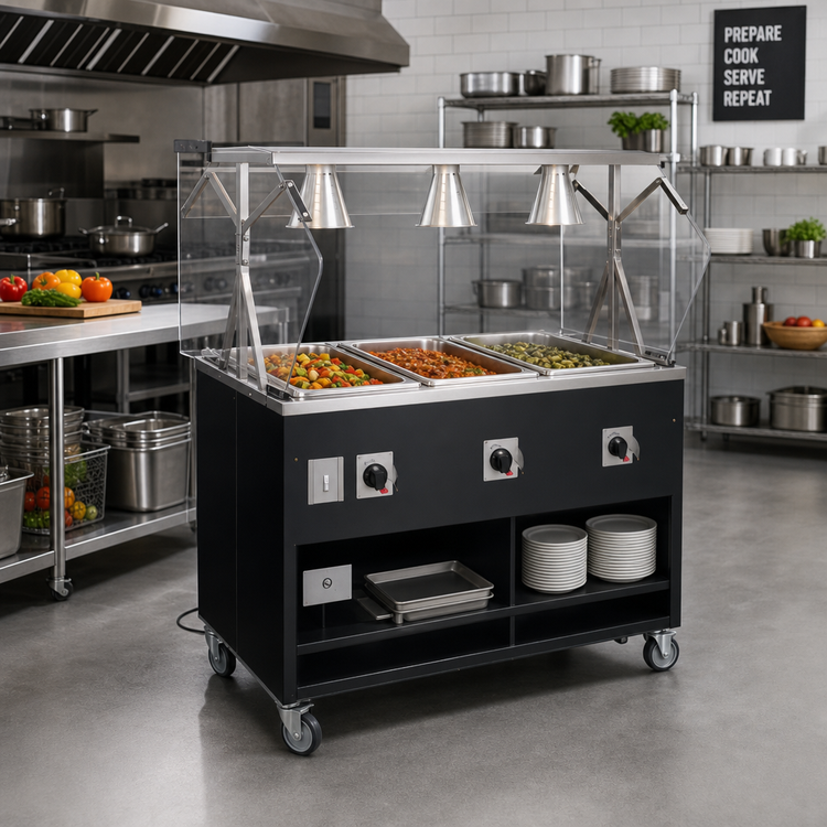 Product image #2 for 2-Series Affordable Portable 3-Well Mobile Hot Food Station with Open Storage Base and Buffet Breath Guard, 120V