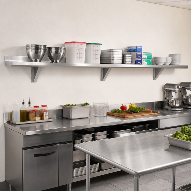 Product image #2 for 12-Foot-Wide x 12-Inch Deep Wall-Mounted Stainless Steel Shelf, 16-Gauge 304 Satin Finish