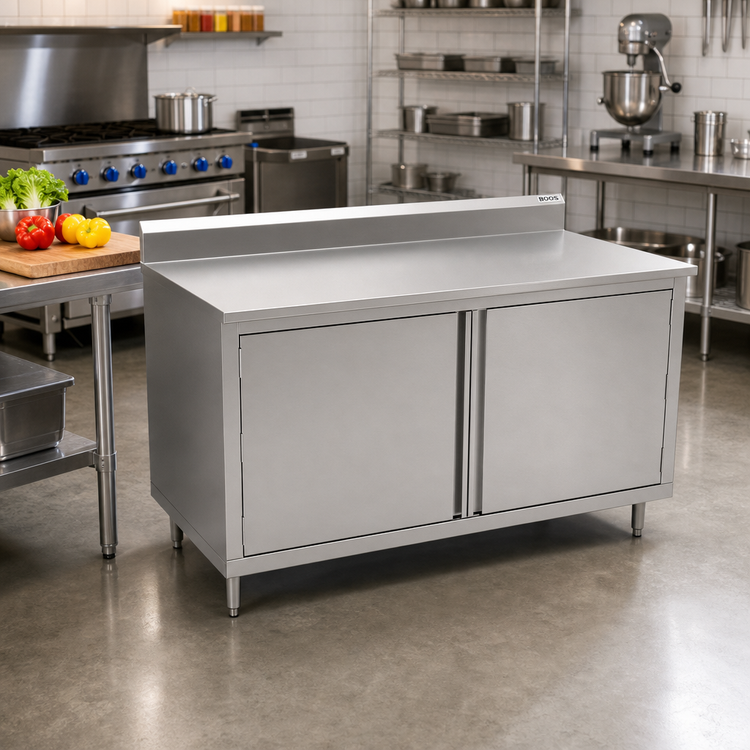 Product image #2 for John Boos 60-Inch x 24-Inch Enclosed Work Table with Cabinet Base, Hinged Doors, 16-Gauge Stainless Steel Top, 5-Inch Backsplash