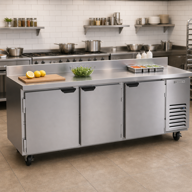 Product image #2 for Beverage-Air Three-Section Worktop Refrigerator with 3 Solid Doors, 93-Inch Stainless Steel Top, and 4-Inch Backsplash