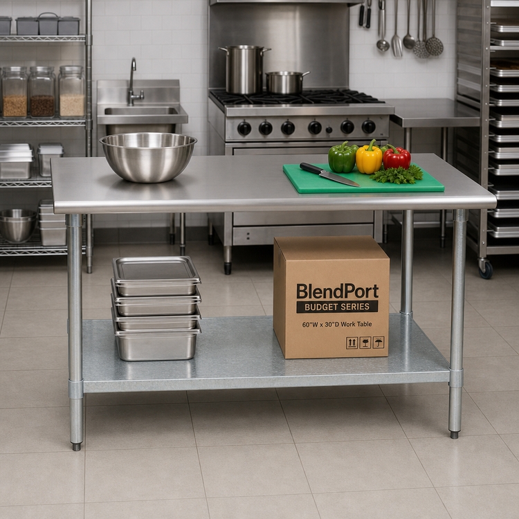 Product image #2 for BlendPort® Budget Series 60"W x 30"D Flat Top Work Table with 430 Stainless Steel Top and Galvanized Undershelf
