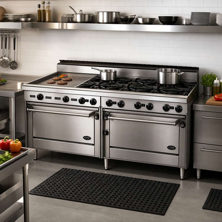 Product image #2 for Bistro 72-Inch Shallow Depth Heavy-Duty Commercial Gas Range with 8 Open Burners, 24-Inch Griddle, Standard Oven and Cabinet Base