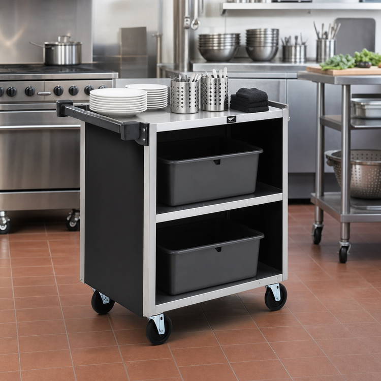 Product image #2 for Vollrath 3-Shelf Bussing Cart with Three-Sided Black Vinyl Panels and Stainless Steel Shelves, 300 lb. Capacity