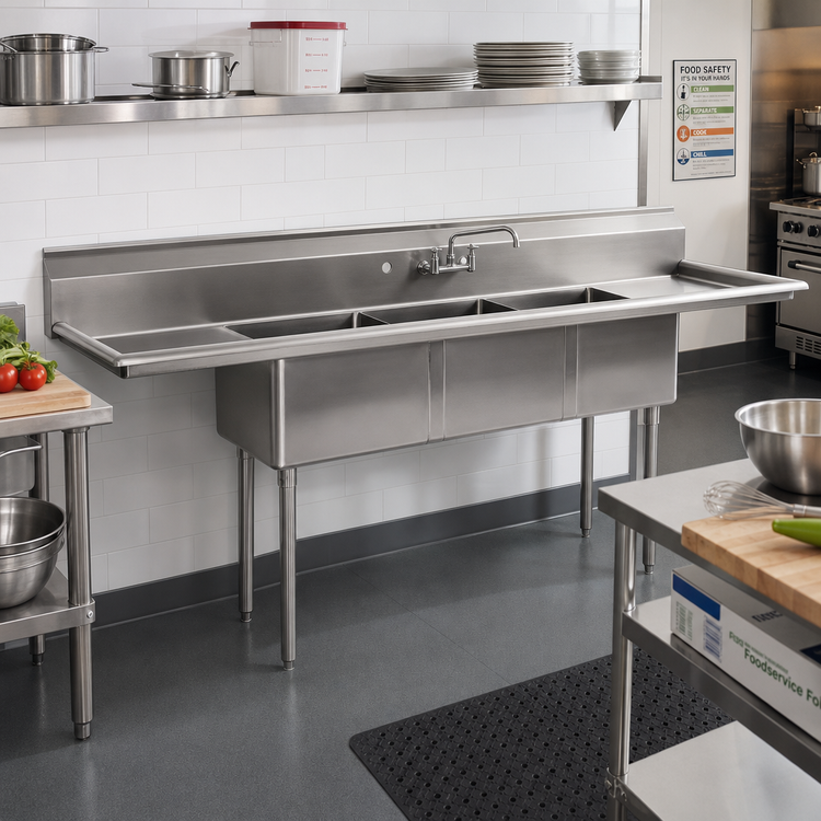 Product image #2 for Eagle Group BlendPort® BPFE Series Economy 3-Compartment Sink with Left Drainboard, 24 x 24 Inch Bowls, 16/304 Stainless Steel